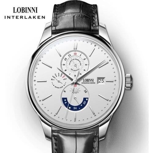 LOBINNI Business Mechanical Mens Watch Top Brand Luxury Automatic Clock Black Genuine Leather Multifunction Man Waterproof Watch