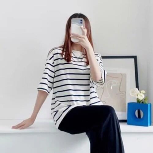 XIKOM Za T-Shirt Women 2021 Summer New Fashion Stripe Vintage Short Sleeve Casual Loose Harajuku T-shirt Female Chic Tops