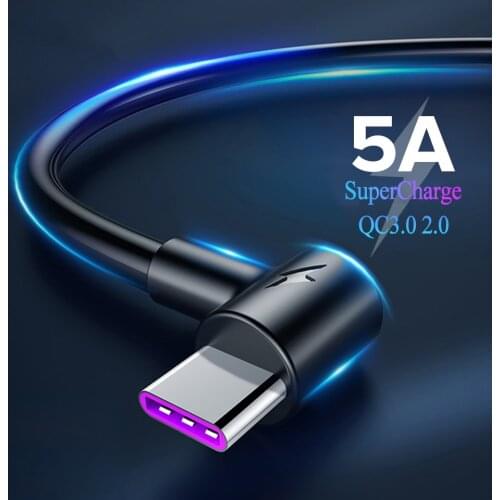 90 Degree Type C Cable Usb C 5A Fast Quick Charge QC 3.0 QC3.0 Cable For Huawei P40 Mate 30 Pro P30 Lite 5G Usb-C 1.5 2 3 Meter