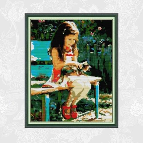 Joy sunday Girl and Cat Patterns Counted Printed on Canvas Cross Stitch Kit DIY Handwork Cross-Stitch Embroidery Needlework set