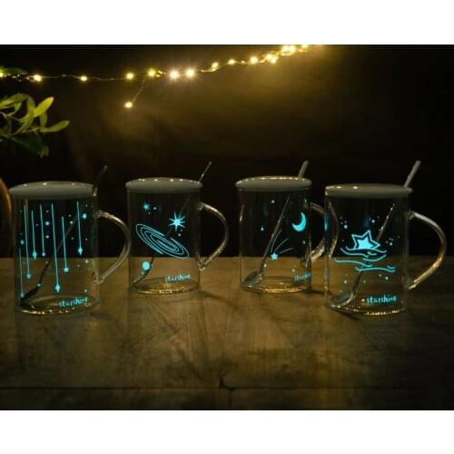Coffee cup Creative sky star luminous glass with lid spoon handle high borosilicate transparent water cup office tea cup