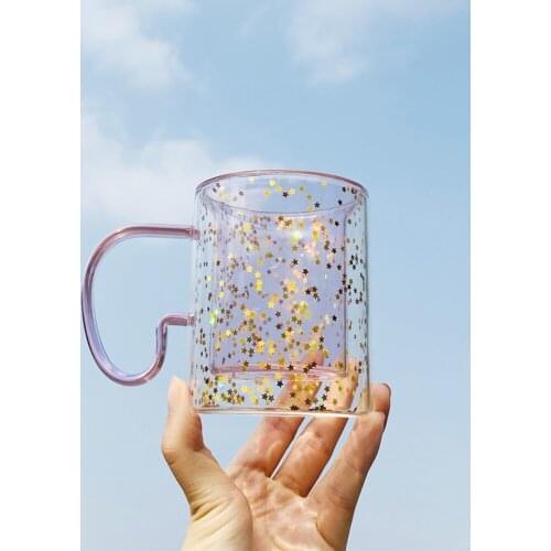 Korean ins Girl Heart Kawaii Bubble Star Sky Cup Star Sequin Double Wall Glass Coffee Cup Handle Heat Resistant Milk Cup