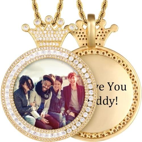 Round Crown Zircon Custom Photo Pendant Chain Mens hip hop Jewelry Necklace Personality Engraved Name Pendant Custom Photo Gift