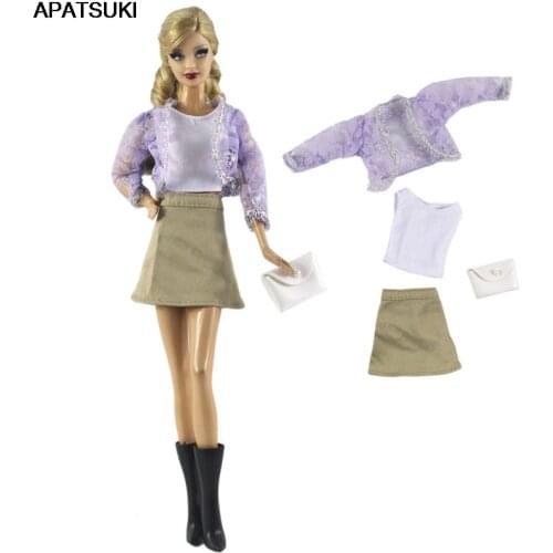 Fashion Doll Clothes Set for Barbie Doll Outfits Purple Coat White Tank Khaki Skirt Purse 1/6 Dolls Accessories Kids Toys