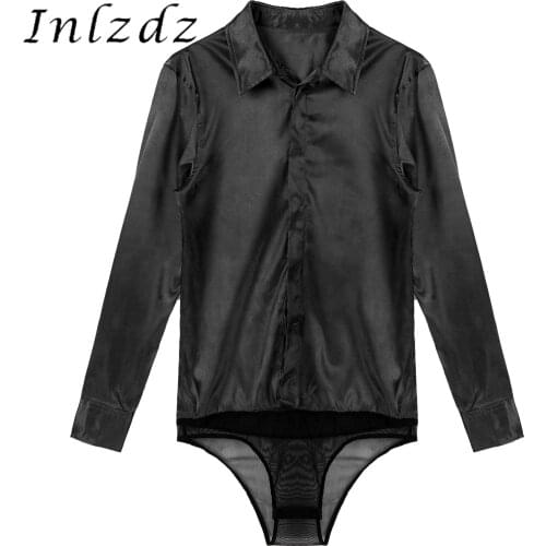 Mens Lingerie Bodysuit Satin Jumpsuits Casual Button Down Long Sleeve Bodysuit Office Stage Show Turn-down Collar Coveralls
