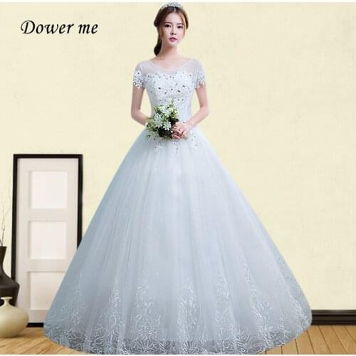 Short Sleeve Wedding Dress GR706 O-Neck Lace Bridal Dresses 2020 Embroidery Long Wedding Gown Crystal Vestido De Novia For Women