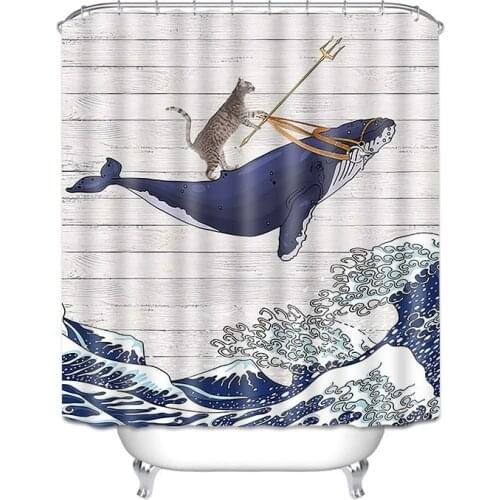 Waterproof Shower Curtain Funny Cute Cat Riding Whale Pattern Bath Curtains Household Bathroom Supplies