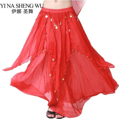 8Color Dancewear Women Bollywood Dance Wear Chiffon Indian Skirt Elastic Waist Long Belly Dance Coin Skirts Dance Practice Skirt