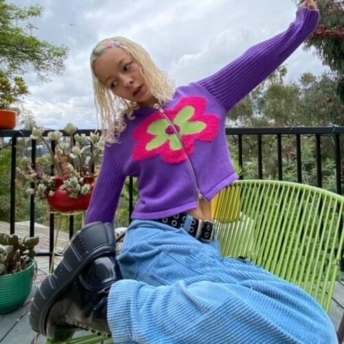 2021 Harajuku Zipper Floral Women Autumn Hooded Knitted Cardigans Casual Y2K Sweaters Girls