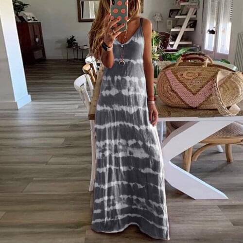 2021 Beach Long Maxi Dress Women Round Neck Sleeveless Gradient Tie-Dye Striped Casual Bohemian Maxi Dress V Neck Dress Robe