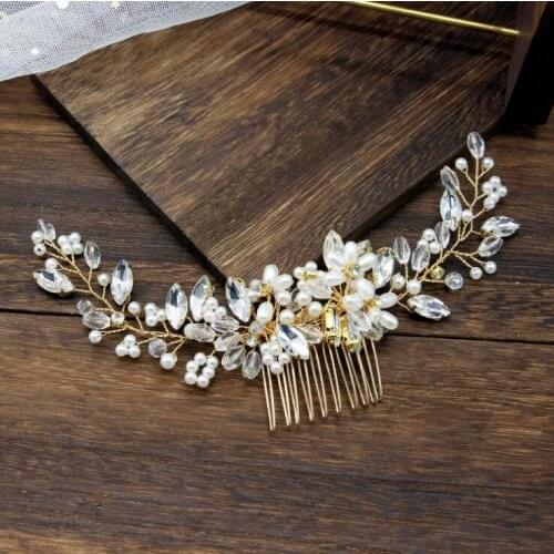 Gold Wedding Crystal Peals Hair Combs Bridal Hair Clips Accessories Jewelry Handmade Women Head Ornaments Headpieces for Bride