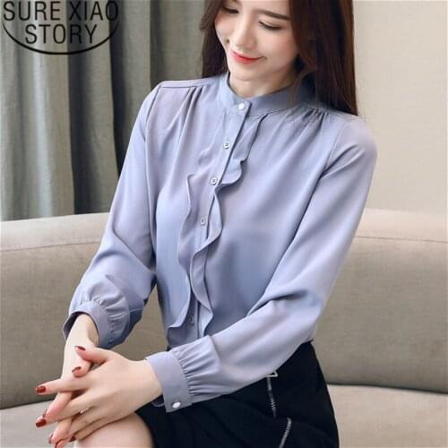 Blusas Mujer De Moda 2021 Women Tops Blouses Shirts Plus Size Chiffon Blouse Button Patchwork Stand Long Sleeve Shirts 2132 50