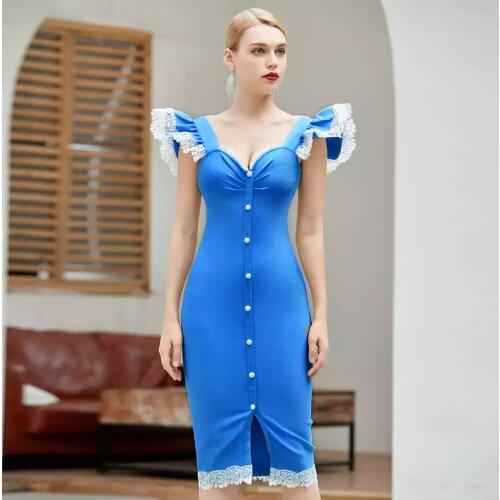 2021 Women Summer New Blue Sexy V Neck Lace Ruffle Shoulder Mid Bandage Dress Elegant Fashion Evening Party Dress
