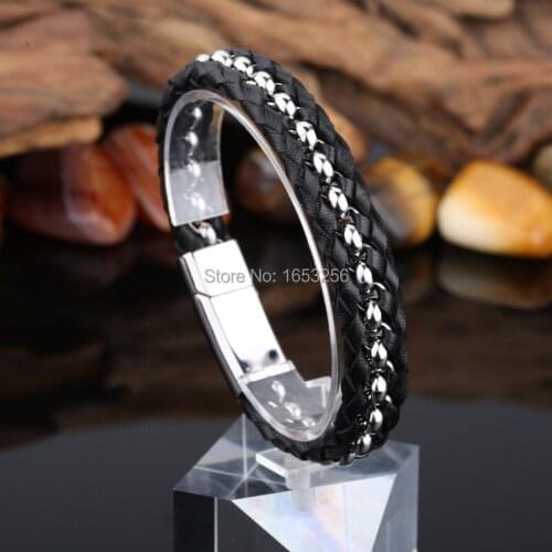 8.26'' 13mm Best Gifts Black Genuine leather Stainless Steel Braid Chain Bracelet Mens Womens Jewelry