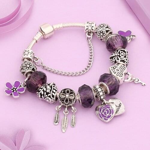 New Arrival Elegant Purple Crystal Heart Flower Charm Bracelet Dream Catcher Key Pendant DIY Bead Bracelet for Women Girl