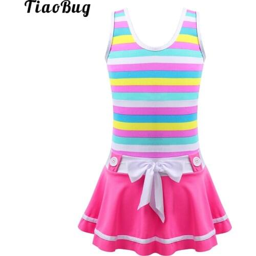 TiaoBug Kids Girls One-Piece Wide Shoulder Straps Striped Pattern Beach Dress With Bowknot Swimsuit Swimwear Bathing Suit
