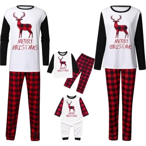 Christmas Clothing Sets Family Matching Pajamas Outfits Deer Letter Print Tops+Plaid Pants Sleepwear Suits Newborn Baby Romper