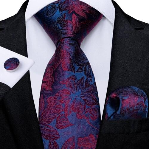Red Floral Blue Ties For Men 8cm Wide Business Wedding Party Mens Neck Tie Handkerchief Cufflinks Daily Wear Fahsion Cravat