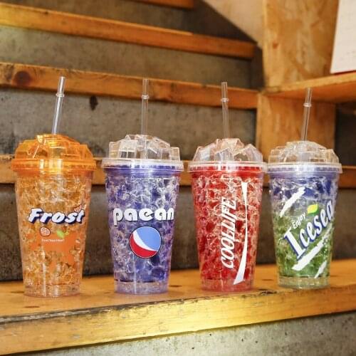 Creative Fashion Straw Ice Cup Double-layer Refrigeration Summer Cold Drink Cup Simple Outdoor Plastic Gift Cup Wholesale