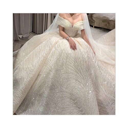 Brides dream starry sky lace brides main wedding dress heavy industry one shoulder wedding dress high waist tail dress