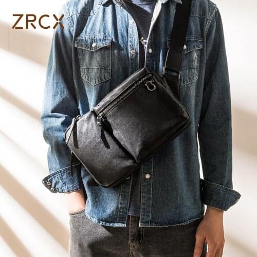ZRCX Genuine Leather Mens Chest Bag Fashion Soft Leather Shoulder Bag Messenger Bag Cowhide Casual Personality Small Backpack