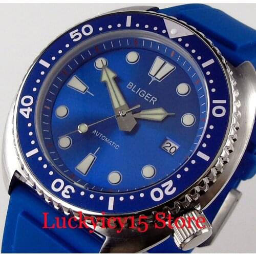 BLIGER Blue Automatic Men Watch NH35A 24 Jewels NH35A Luminous Dial Unidirectional Bezel Ring Rubber Band Solid Polish Back
