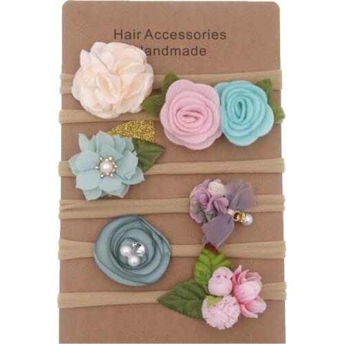 Cute 6pcs/lot Roasted Flowers Baby Girls Khaki Nylon Headband Sets Rose Elastic Kids Newborn Children Headwear Photo Props Gifts