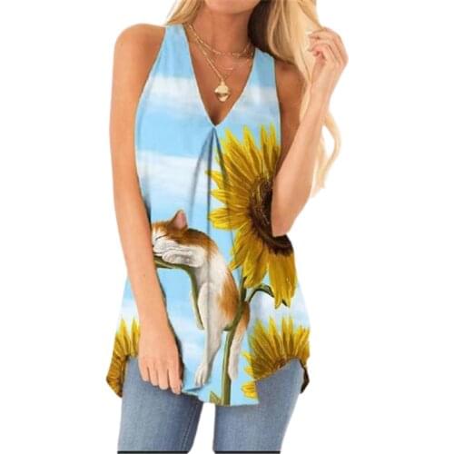 New 2021 Summer Tops 5XL Plus Size Women Animal Cat Print T Shirt Casual Street Sleeveless V-Neck Tee Ladies Plant Flowers Top