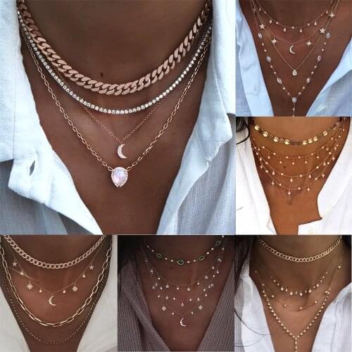 Boho New Vintage Fashion Multilevel Necklaces For Women Crystal Heart Star Sun Moon Geometry Pendant Necklace Female Jewelry