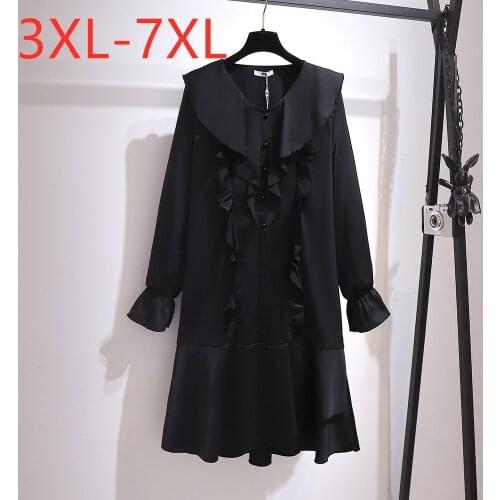 New Ladies Autumn Winter Plus Size Midi Dress For Women Large Bell Sleeve Loose Casual Black Ruffle Dress 3XL 4XL 5XL 6XL 7XL