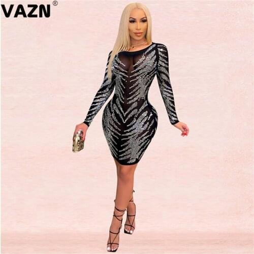 VAZN New 2021 New O-neck Sequins Glitter Evening Gown Women Elegant Fashion Mini Dress Slim Dress Club Birthday Shinny Dress