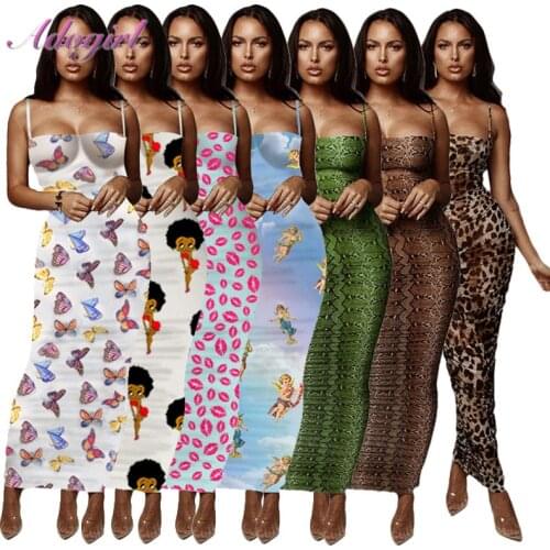 Casual Leopard Snake Angel Print Spaghett Strapless Street Long Dress Sexy Backless V Neck Evening Party Maxi Dresses Vestidos