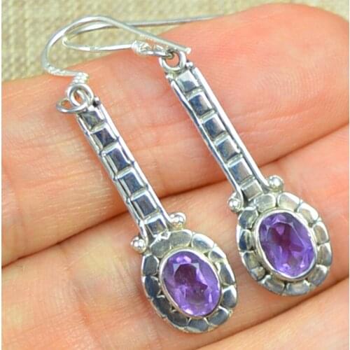 Hand Made Genuine Amethyst Earrings 100% 925 Solid Sterling Silver AE0073