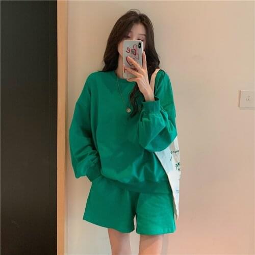 GUUZYUVIZ Green Tracksuit Women Shorts Set Long Sleeve O-neck Pullover Sweatshirt High Waist Shorts Harajuk Sport Outfit 2 Piece
