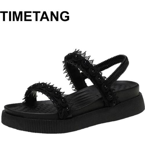 TIMETANG Woman Platform Punk Elastic Band Pearl Fringe Comfortable Sandals Ladies Solid Ankle Strap Dress Handmade Shoes