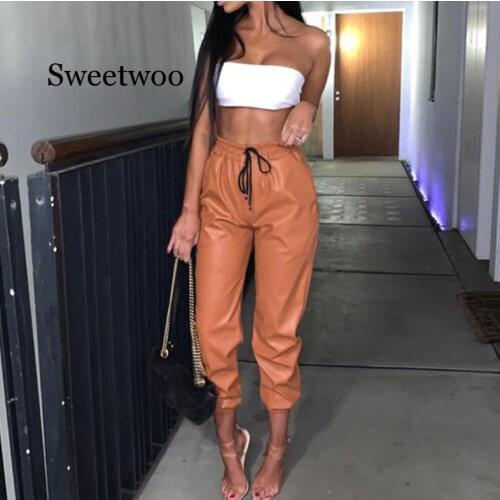 Faux Leather Harem pants Elastic Drawstring Waist Tapered Carrot Trouser Casual High Street Pants Women Loose Vintage