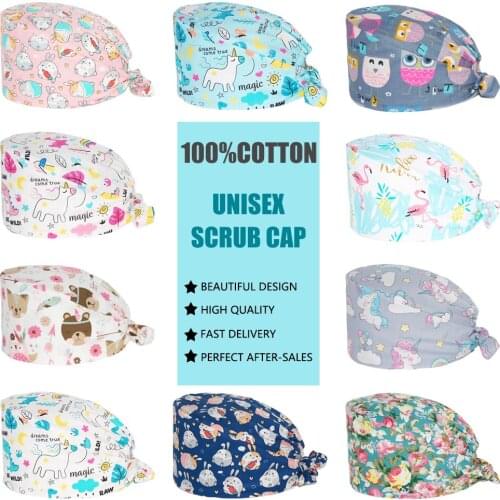 Women Surgicals Caps Cotton Adjustable Lab Health Scrubs Hat Anime Printing Pet Working Hats Health Service Staff Nursing Caps
