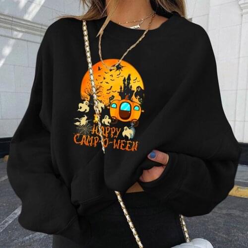 Women Long Sleeve Ghost Pumpkin Happy Halloween Pullover Sweatshirt Top Shirt Solid Color Casual Daily All-match Girls T-shirt