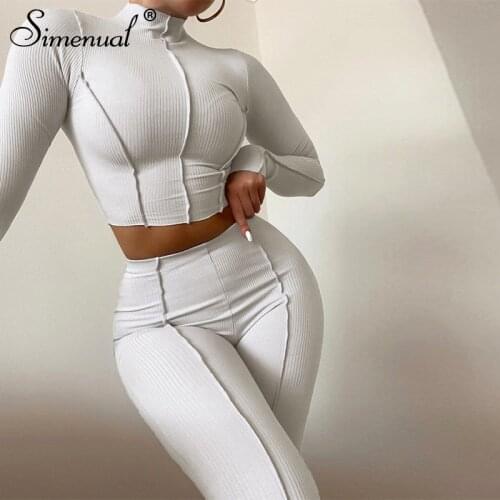 Simenual Ribbed Mock Neck Crop Top And Pants Tracksuits Loungewear Casual Fitness Long Sleeve 2 Piece Outfit Women Sets Fashion