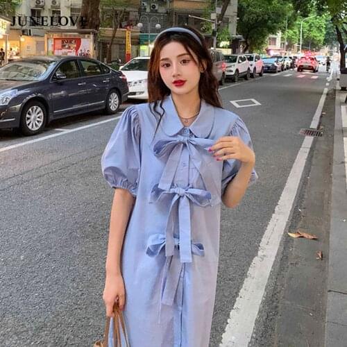 Korean Preppy Style Sweet Girly Dress Womens Kawaii Loose Single-Breasted Dress Vintage Bow Puff Sleeve Shirt Dress Long Dresses