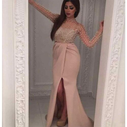 Pearls Long Sleeve Evening prom Gown 2018 Dubai High Slit Mermaid Prom Robe De Soiree Women Formal mother of the bride dresses