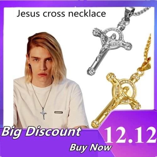 2 Colors Religious Jesus Cross Pendant For Men Fashion Chain Rhinestone Necklace Hip Hop Jewelry Gift