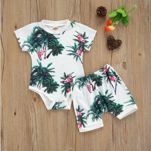 2 Pcs Newborn Baby Boys Summer Outfits Boys Plant Print Round Neck Short Sleeve Romper Shorts Cotton Sets