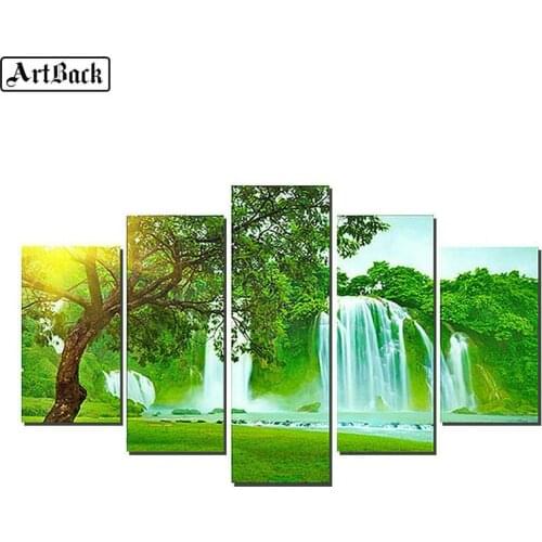 5 spell diamond painting tree waterfall landscape full square sticker 3d diamond mosaic art home decoration