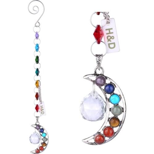 H&D Chakra Crystal Natural Stone Moon Suncatcher Crystal Prism Ball Half-moon Handmade Rainbow Ball Pendulum Hanging Pendant