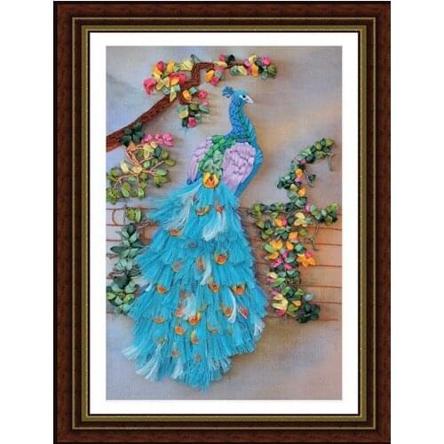 Peacock flowers Ribbon embroidery painting sets handcraft embroidery circle DIY handmade needlework wall art home decor gift