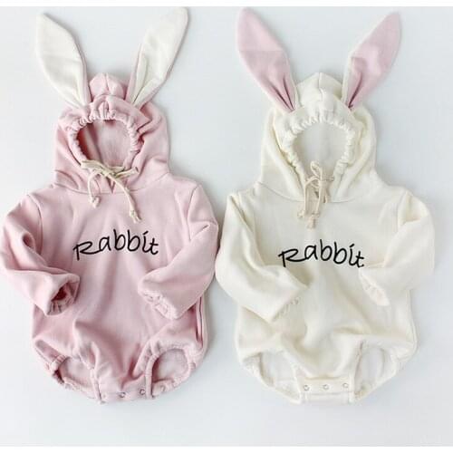 Baby Girl Bodysuits Cute Rabbit Ear Long Sleeve Hooded Infant Jumpsuit Autumn Winter Newborn Bodysuit Toddler Baby Girl Clothes