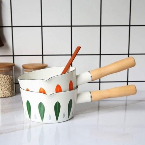 Enamel Small Milk Pot, Baby Food Cooking Pot, Frying Pan, Beautifully Patterned Soup Pot with Wooden Handle