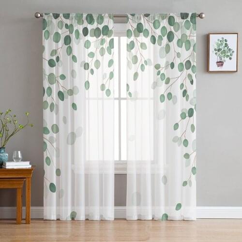 Eucalyptus Leaves Plant Green White Sheer Tulle Window Curtains For Living Room Bedroom Kitchen Veiling Curtain Home Decoration