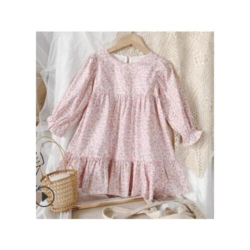 Lovely Little Girls Floral Dress, Long Sleeve Round Neck Loose Midi Dress for Autumn and Spring, Woven Cotton Material